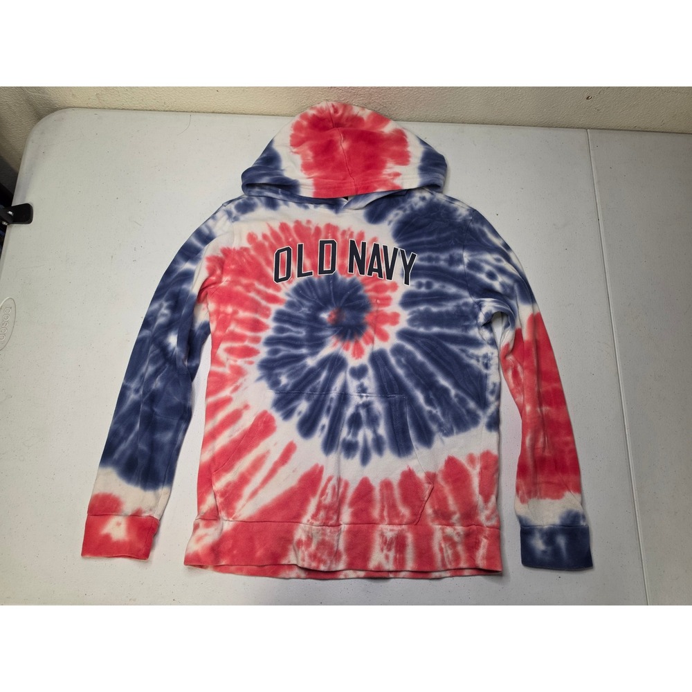 Old Navy Boys Large 10-12 Red White Blue Tie Dye Logo Pullover Hoodie Sweatshirt